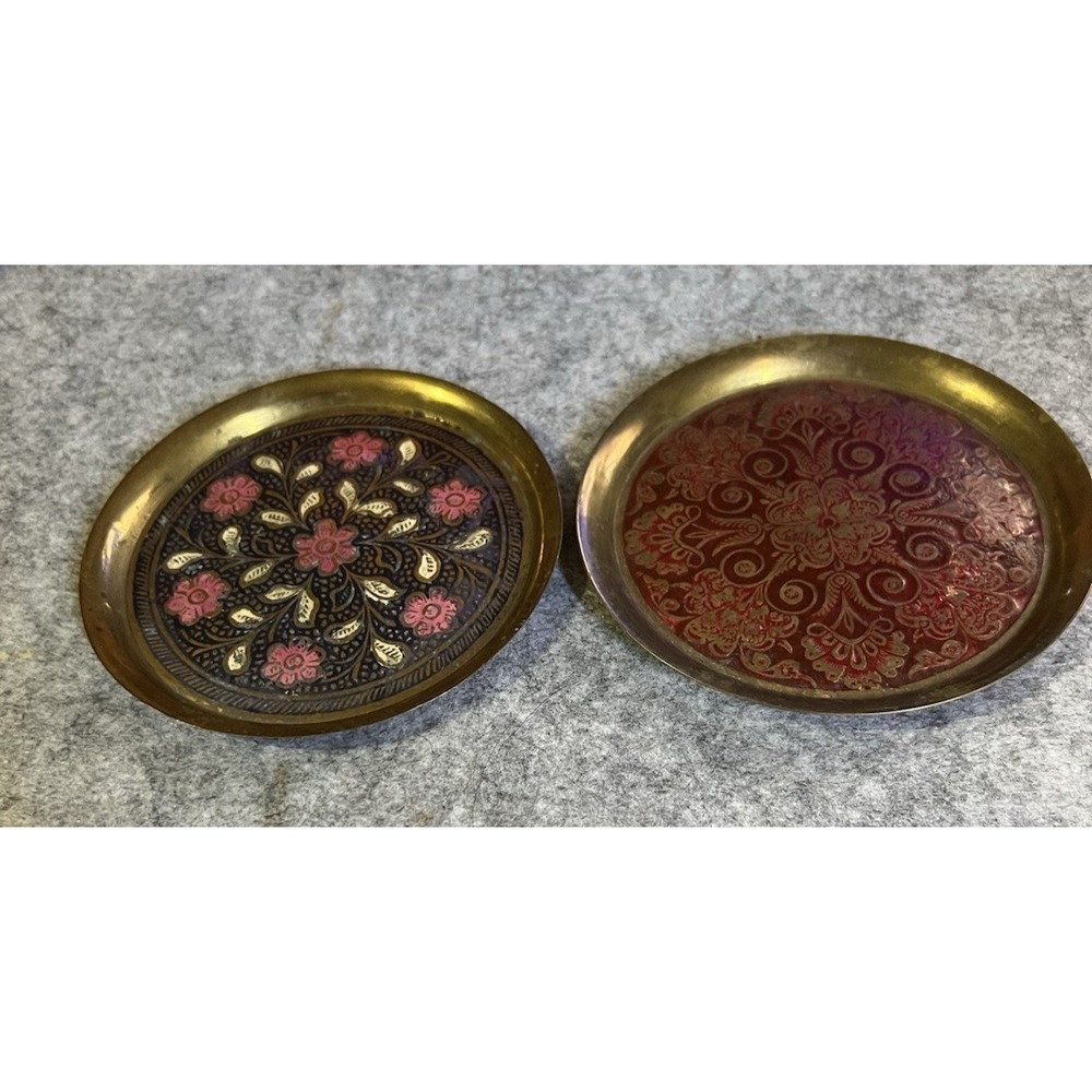 Vintage 2 Small (3" Diameter)Solid Brass Painted Trinket Dish floral